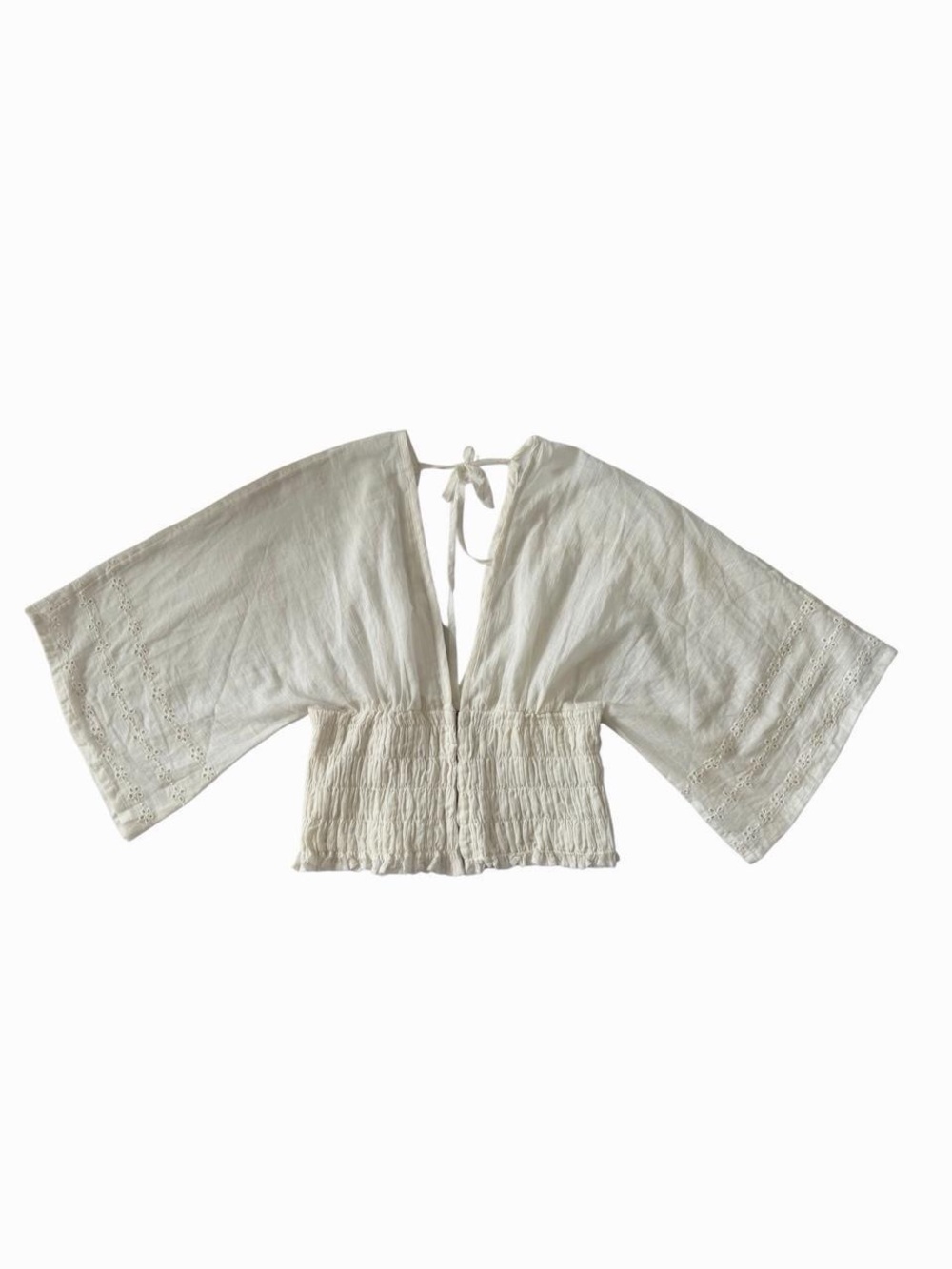 Women’s White Tie-Back Smocked Waist Peasant Top
